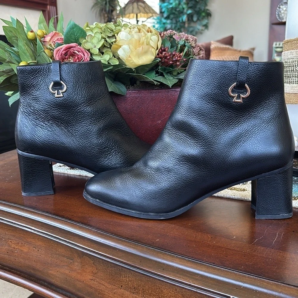 Kate Spade Manhattan Black Pebble Uptown Leather Booties Block Heel Ankle Boots
